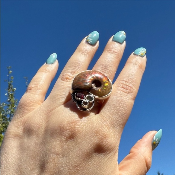 925 Sterling Fossil Ammonite Gemstone Ring Sz 8 - Picture 6 of 6